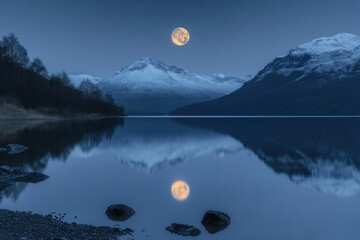 Full moon rising over snowy mountains reflecting in a calm lake at twilight