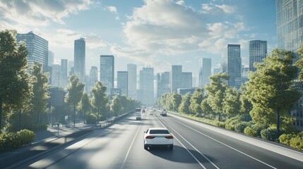 A modern hydrogen sedan, affordable and efficient, driving through a bustling eco-friendly city