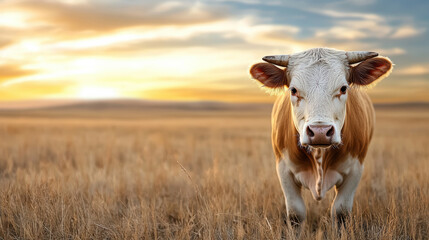 close up of cow standing in golden field at sunset, showcasing its features