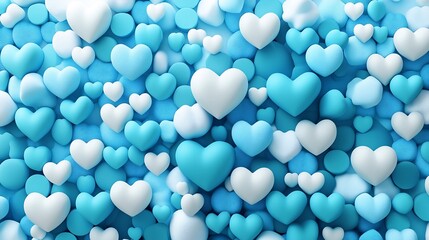 Many colored nubes blue cyan and white rendered in a three dimensional modern style creating a youthful Valentines Day pattern with vibrant romantic shapes and symbols on a white background