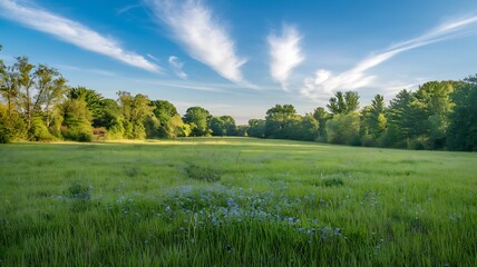 Serene Meadow with Wildflowers and Blue Sky at Sunrise

