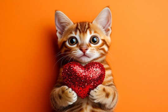 Ocicat - my cherished cat. Cute ocicat kitten cub with sparkling rhinestones red heart - sign of love, funny greeting card. Marketing conceptual art concept art idea. Kitten and love.