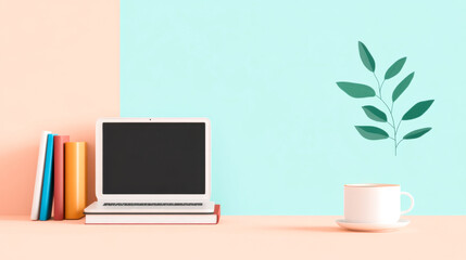 A minimalist workspace featuring a laptop, books, and a coffee cup against pastel-colored backgrounds, complemented by a leafy design.