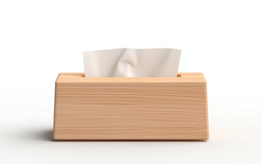 aesthetic blank wooden tissue box in the middle with simple artificial plant on the vase beside on white background for mockup advertisement