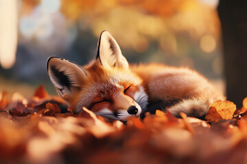 a super cute sleeping red fox cub. relaxed, peacefully sleeping in a bed of autumn leaves in a forest clearing