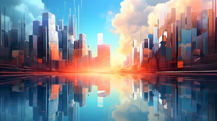 Fototapeta premium Futuristic cityscape featuring a visionary architectural design with cubip themed geometric structures sleek glass and metal skyscrapers and a striking minimalist urban landscape