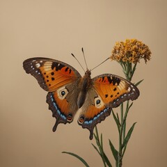 Naklejka premium An autumn butterfly with orange, yellow, and brown wings on a soft beige background.