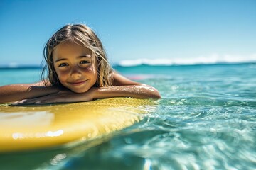 relaxed surfer girl lies back on her surfboard in shallow crystal-clear water near beach