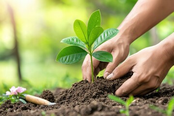 Gardening Scene Hands planting seedlings in rich soil, with gardening tools and flowers nearby.