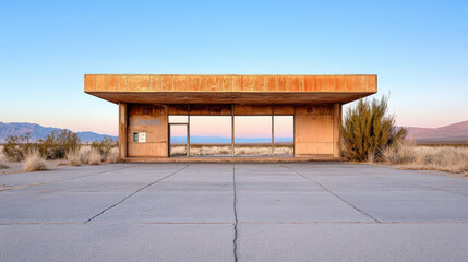 Fototapeta premium decaying gas station in desert landscape, showcasing rust and solitude
