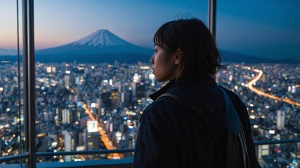 Obraz premium Traveler gazes at the serene silhouette of Mount Fuji against a beautifully illuminated cityscape during twilight
