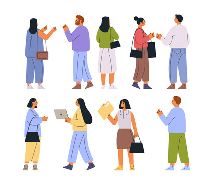 Business people talking communication collaboration diverse group standing and interacting various activities colorful outfits flat design