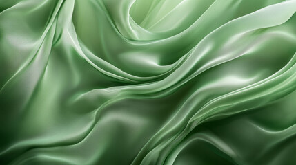 Obraz premium Green drapery silk fabric luxury background. Wavy abstract satin cloth vector texture pattern. Smooth shiny drape material curtain. Elegant velvet curve motion image realistic horizontal design.