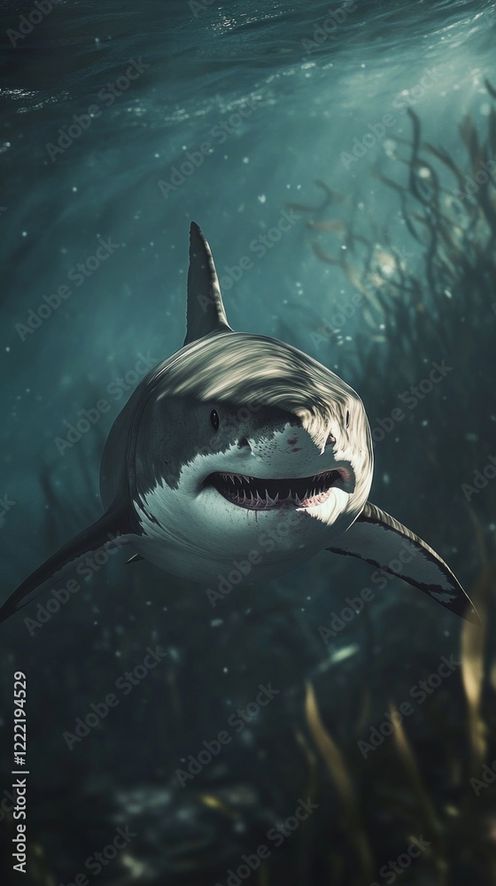 Poster gliding effortlessly beneath the surface, a great white shark showcases its powerful form in the tra