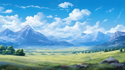 Fototapeta premium Breathtaking mountain landscape with a clear blue sky dotted with fluffy white clouds creating a peaceful and tranquil atmosphere The rugged peaks and ridges stand tall