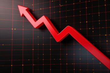 Red zigzag arrow pointing upwards on a black grid background with glowing points, symbolizing growth, success, and progress in business.