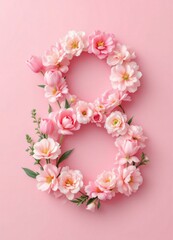 Number eight made of pink roses and small flowers on pastel pink background. Floral typography. Spring decorative composition for women day or wedding design with copy space