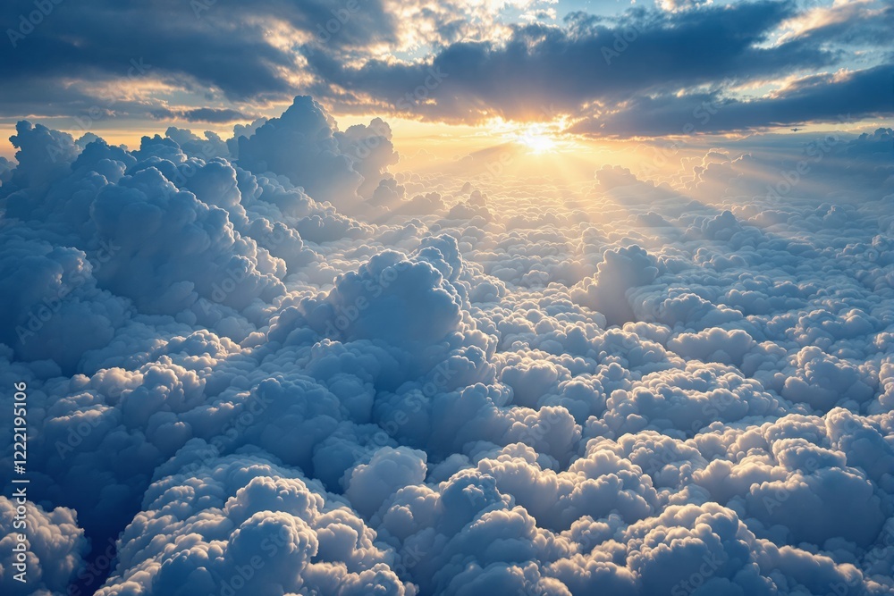 Poster stunning cloudscape with sunlight breaking through, creating vibrant rays of light and a serene atmo