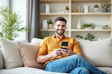 Smiling man in orange shirt holding smartphone while relaxing on sofa in bright living room with bookshelves and plants in background.