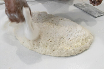 Fresh dough preparation on a kitchen surface.