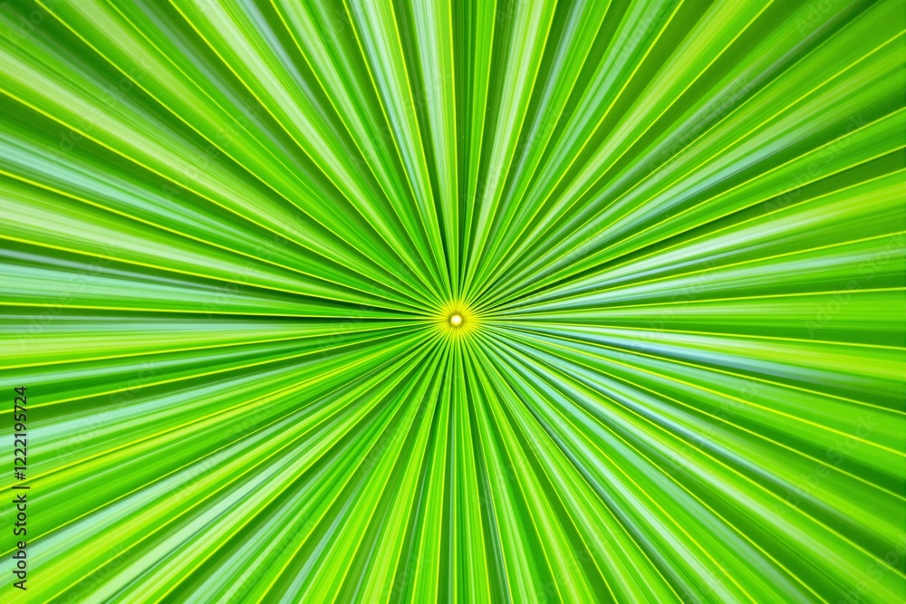 Poster close-up of vibrant green palm leaf with radiating pattern and light center point on a bright backgr
