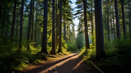 Fototapeta premium Picturesque forest trail winding through a lush serene landscape of towering evergreen trees Tranquil outdoor environment perfect for hiking trekking or peaceful of the wilderness
