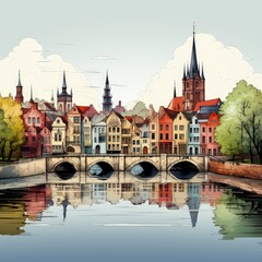 Fototapeta premium Modern Minimalistic Digital Art Depicting Brugge’s Canals and Buildings