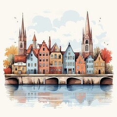 Fototapeta premium Modern Minimalistic Digital Art Depicting Brugge’s Canals and Buildings