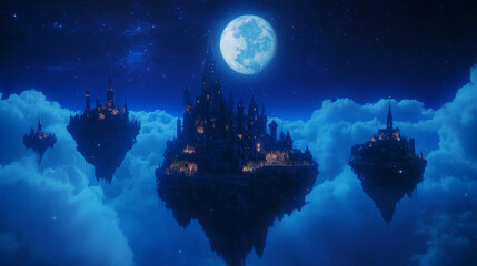 Mystery floating rock islands, fantasy sky road to magic castle vector background. Medieval kingdom fairytale landscape illustration at night. Halloween fortress silhouette with cloud and moonlight.