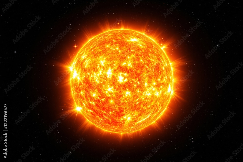 Poster bright sun emitting vivid orange light surrounded by glowing rays in outer space background.