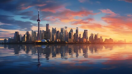 Obraz premium Panoramic view of a bustling city skyline with skyscrapers and high rise buildings silhouetted against a glowing sunset sky