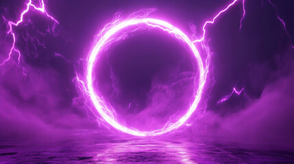 Obraz premium Green and electric portal with neon light effect. Magic glow ring with circular energy flare vector. Led 3d aura circle power ui game hologram. Mystic fantasy radial thunder fiber shine motion