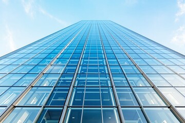Fototapeta premium Modern glass skyscraper upward view against a clear blue sky.