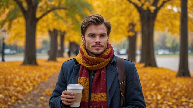 Traveler enjoys a leisurely stroll through vibrant autumn foliage, savoring a warm beverage while embracing the beauty of nature's transition during a crisp afternoon