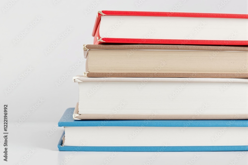 Poster stack of hardcover books with colorful bindings on a light background.