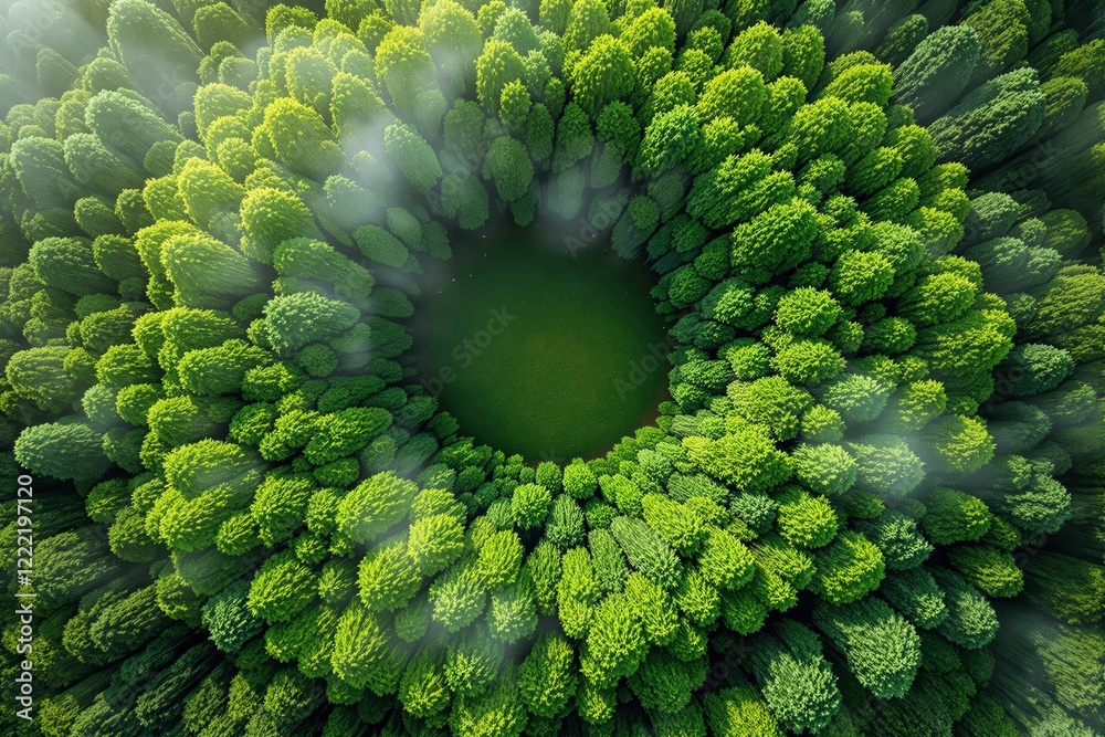 Aufkleber aerial view of a circular forest with a lush green clearing at the center, illuminated by soft sunli