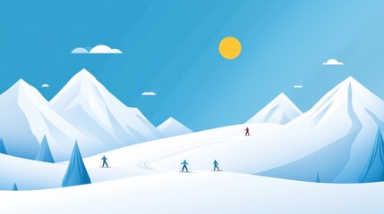 Colorful Minimalist Winter Landscape with Skiers Enjoying Snowy Mountains and Clear Blue Sky