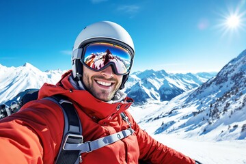 Smiling skier in red jacket taking a selfie in a snowy mountain landscape under a bright sunny sky.