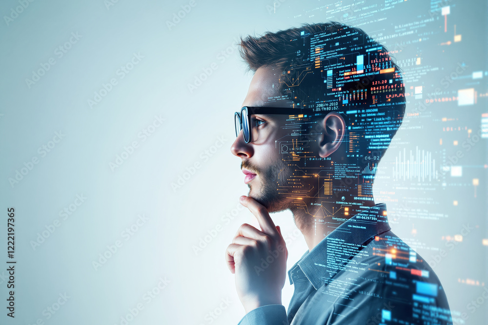 Poster Side profile of a thoughtful man with digital data overlay on futuristic light background.