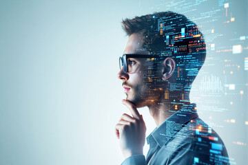 Side profile of a thoughtful man with digital data overlay on futuristic light background.
