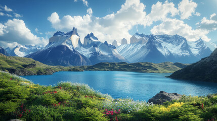 Fototapeta premium Mountain landscape with jungle trees, lake or river and rocky snowy hills. Cartoon summer forest scenery with water in pond, peaks and woods, blue sky with clouds. Outdoor countryside panorama.