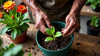 Man planting green plants and flowers, gardening concept