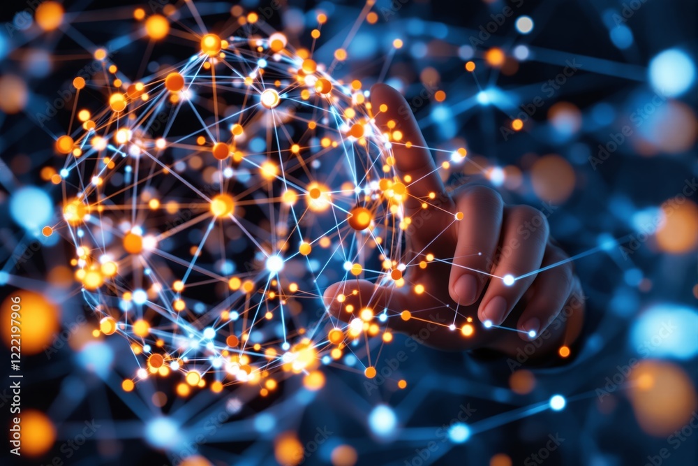 Poster glowing network sphere with human hand interacting on dark background.
