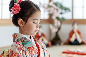 Fototapeta premium Japan Dolls Festival. Serene photography of a girl in traditional Japanese kimono during a peaceful moment indoors.