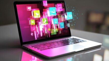 Fototapeta premium D laptop showcasing a vibrant digital marketing platform, with icons representing audience reach and organic website traffic.