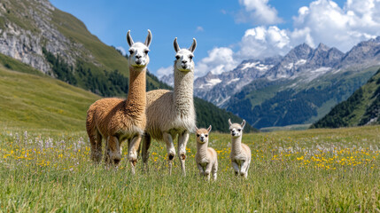Fototapeta premium Llama family with baby llama exploring sunny field in mountains
