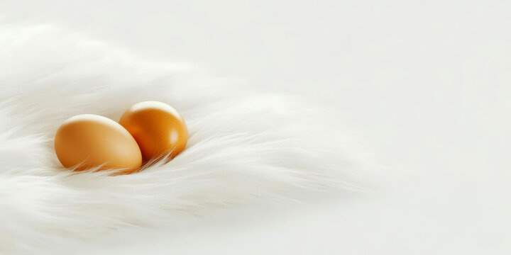exclusive golden eggs concept. Two brown eggs resting on soft white feathers.