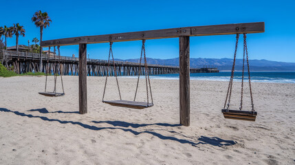 Children's outdoor swings set up at Ventura Beach, positioned on the sand near the historic wooden pier