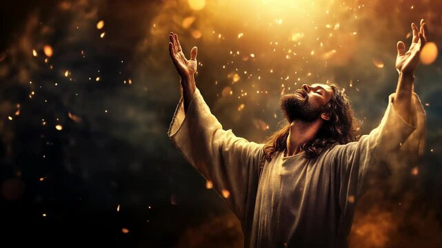 The Christ raises his arms towards a radiant light. The background glimmers with golden particles, creating a powerful sense of reverence and divine connection.