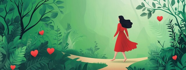 Enchanting Woman Walking Through Serene Forest Surrounded by Lush Green Foliage and Floating Heart Symbols